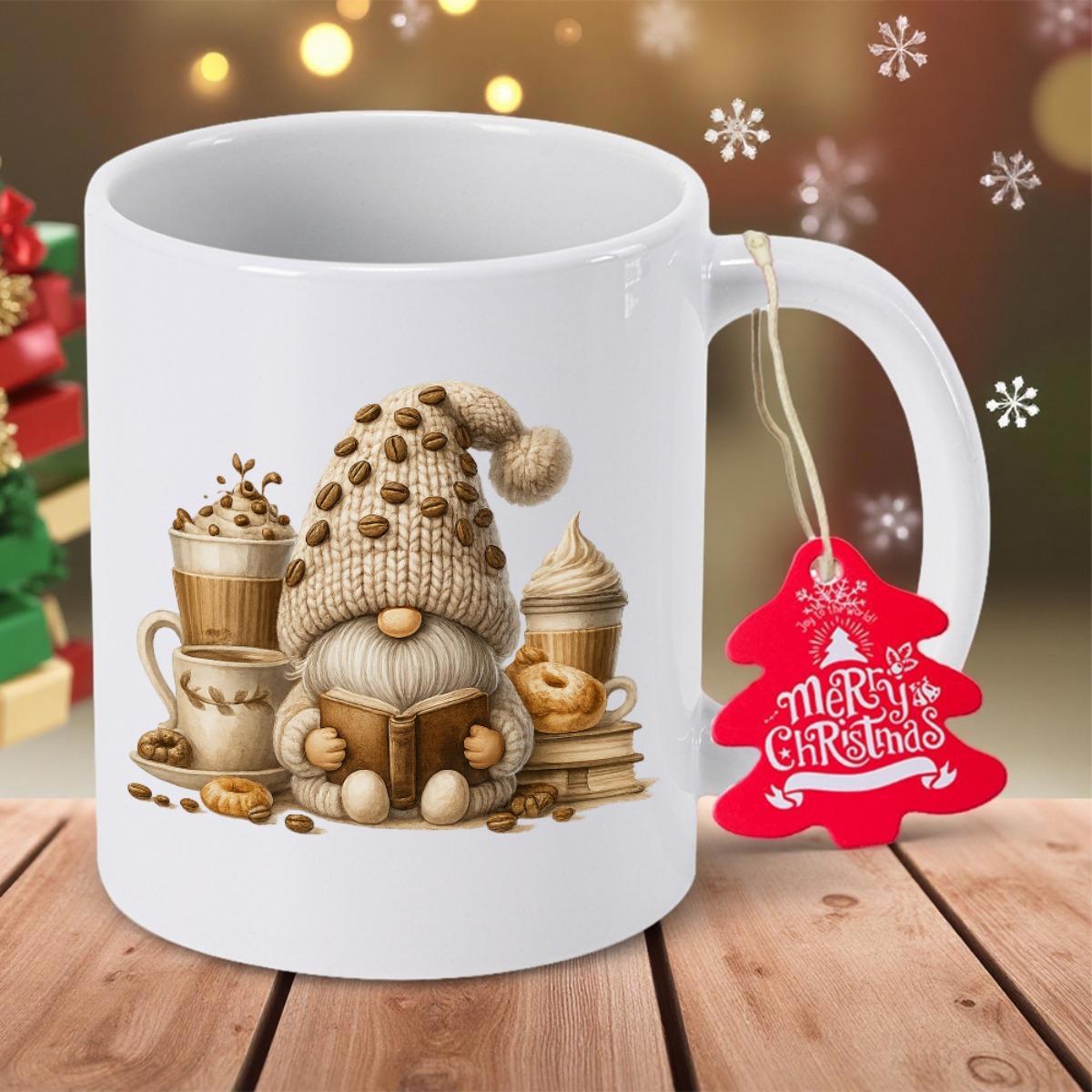 Tailorly White Ceramic 11 oz Mug - Merry Christmas Cozy Coffee Themed Character Reading Book Among Delicious Treats And Warm Drinks Gnome