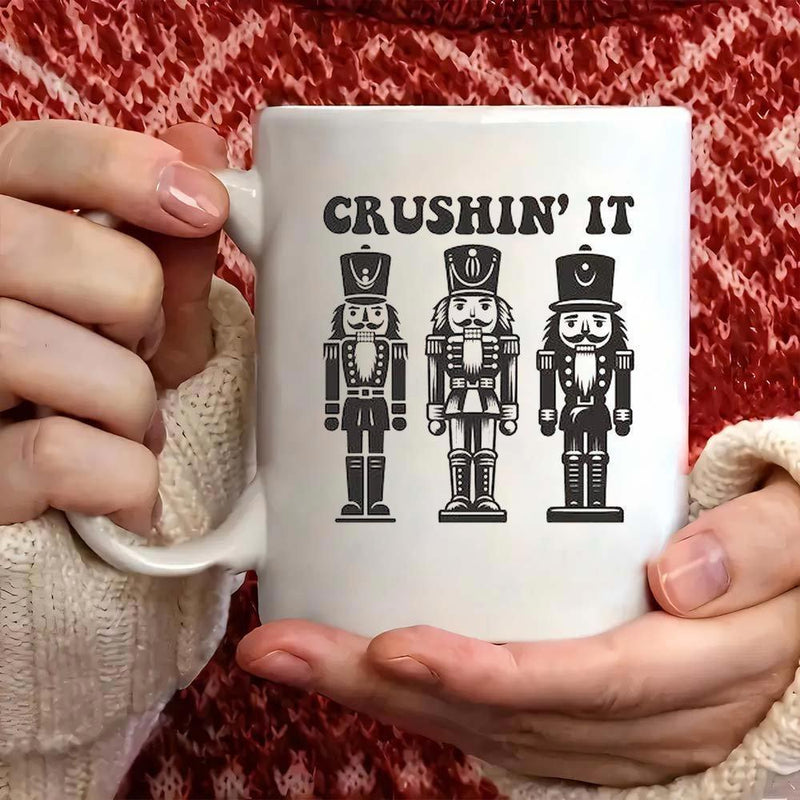 Tailorly White Ceramic 11 oz Mug - Crushin It Three Black Nutcracker Soldiers Standing Together In A Symmetrical Christmas Design Nutcracker