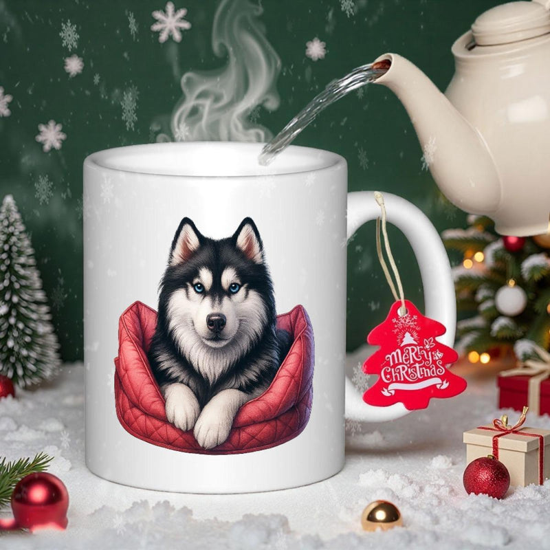 Tailorly White Ceramic 11 oz Mug - Fluffy Black And White Siberian Dog Sitting Comfortably In Red Bed Husky
