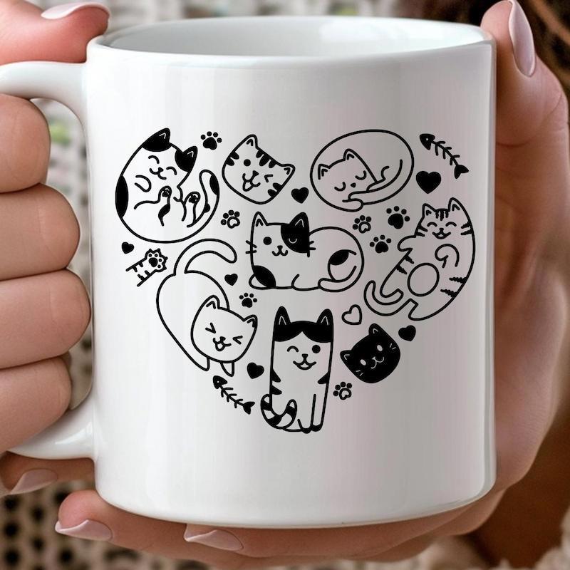 Tailorly White Ceramic 11 oz Mug - Hand Drawn Minimalist Kitties Arranged Within A Heart Shape Pattern Cat