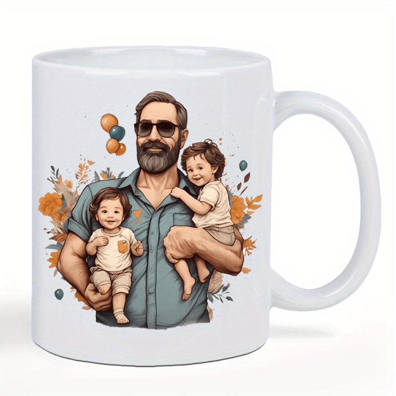 Tailorly White Ceramic 11 oz Mug - Bearded Man Wearing Sunglasses Carrying Two Happy Children Surrounded By Flowers Father