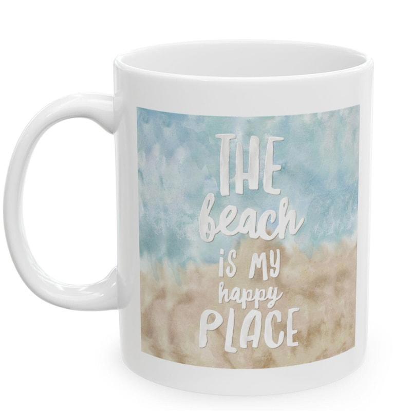 Tailorly White Ceramic 11 oz Mug - The Beach Is My Happy Place Soft Watercolor Coastal Shoreline With Gentle Blue Waves And Golden Sand Beach