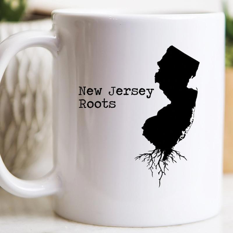 Tailorly White Ceramic 11 oz Mug - New Jersey Roots Silhouette Of New Jersey State With Intricate Growing Earthy Tree Roots Map