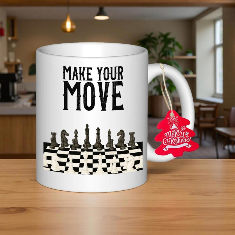 Tailorly White Ceramic 11 oz Mug - Make Your Move Classic Strategic Game Board Featuring Black And White Chessboard