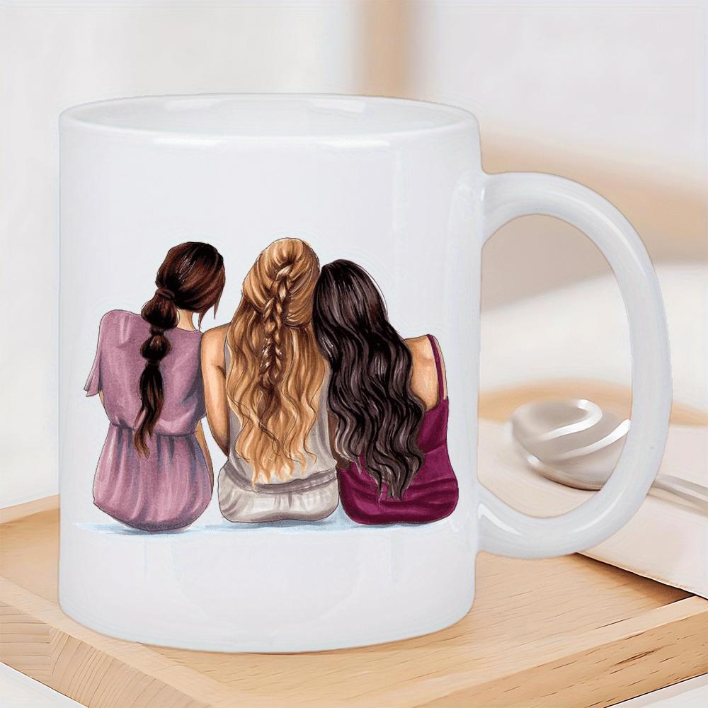 Tailorly White Ceramic 11 oz Mug - Three Beautiful Women Sitting Side By Side With Long Flowing Hair Friends