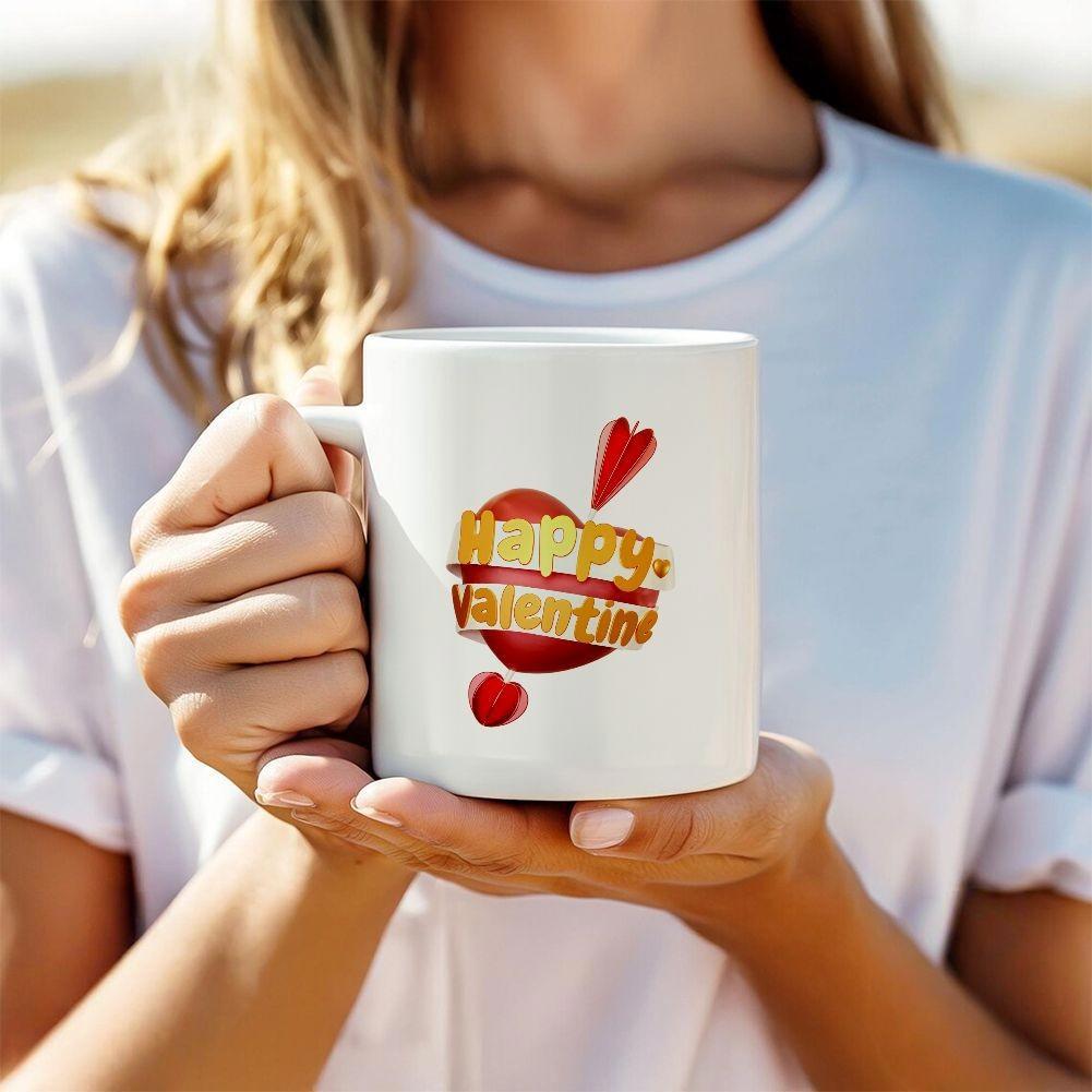 Tailorly White Ceramic 11 oz Mug - Happy Valentine Vibrant Red Heart With Golden Banner Under Warm Bright Sunlight Heart