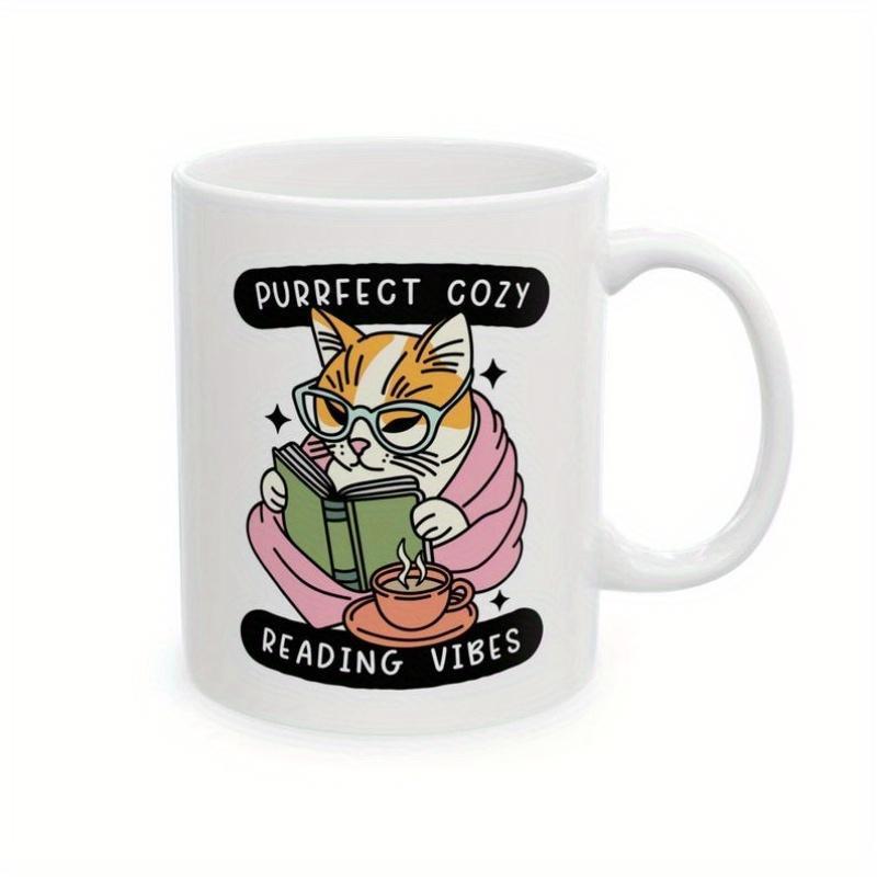 Tailorly White Ceramic 11 oz Mug - Purrfect Cozy Reading Vibes Adorable Ginger Feline Wearing Glasses Wrapped In Warm Blanket Reading A Book Cat