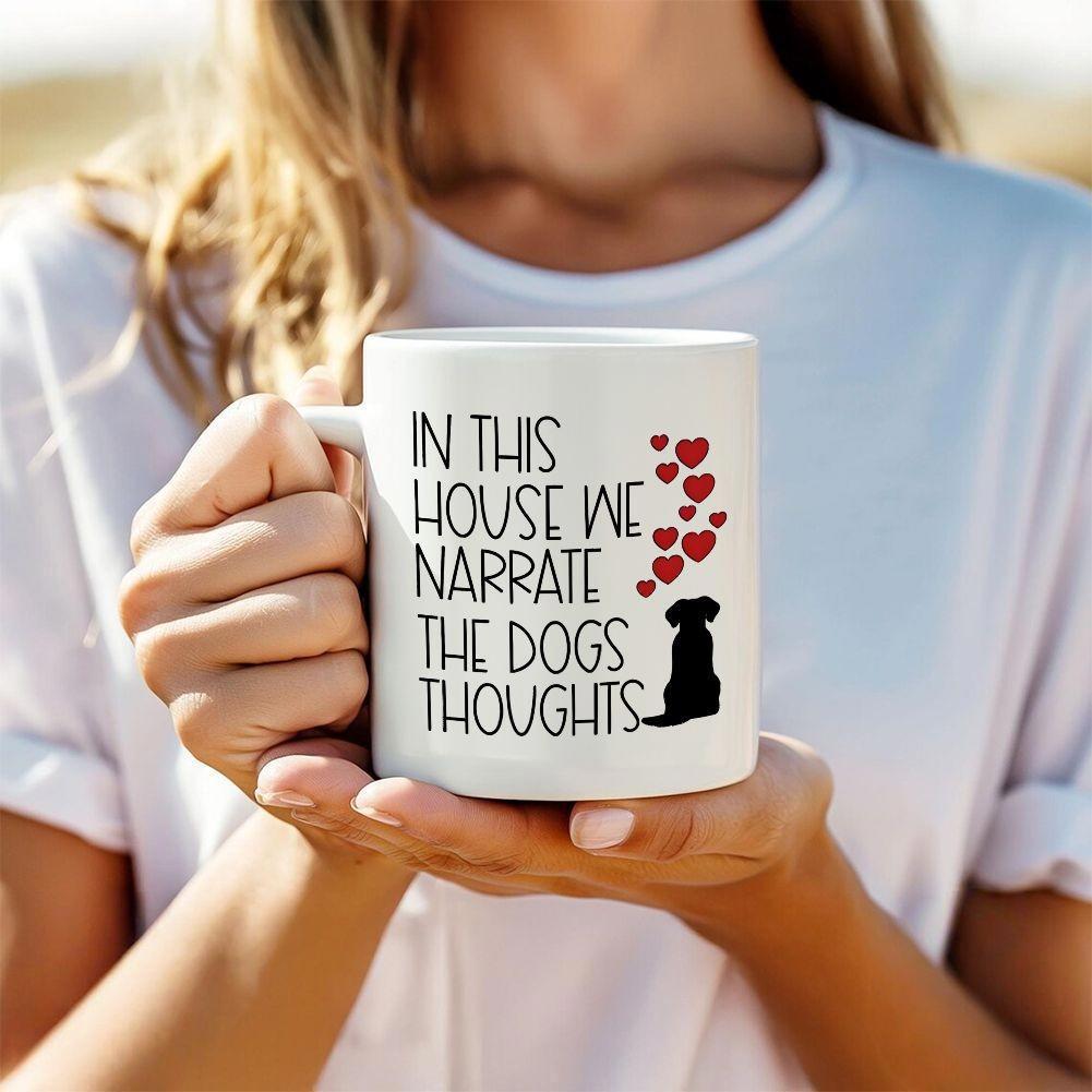 Tailorly White Ceramic 11 oz Mug - In This House We Narrate The Dogs Thoughts Minimalist Black Silhouette Sitting Among Floating Small Red Hearts Love Dog