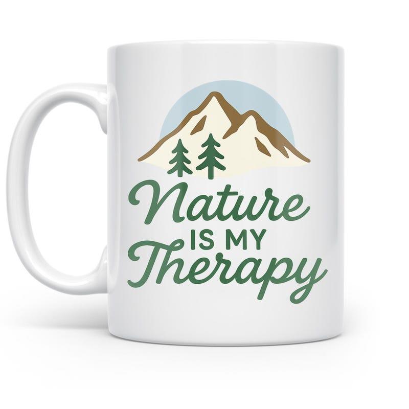 Tailorly White Ceramic 11 oz Mug - Nature Is My Therapy Majestic Snow Capped Peaks With Evergreen Pine Trees Under Blue Sky Mountain