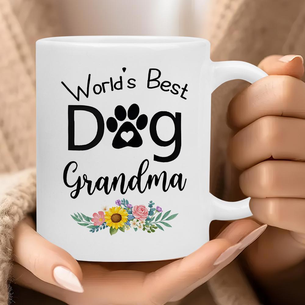 Tailorly White Ceramic 11 oz Mug - Worlds Best Dog Grandma Floral Sunflower Bouquet With Paw Print And Heart Detail Elegant Script Mug