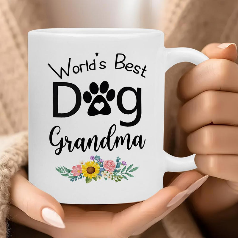 Tailorly White Ceramic 11 oz Mug - Worlds Best Dog Grandma Floral Sunflower Bouquet With Paw Print And Heart Detail Elegant Script Mug