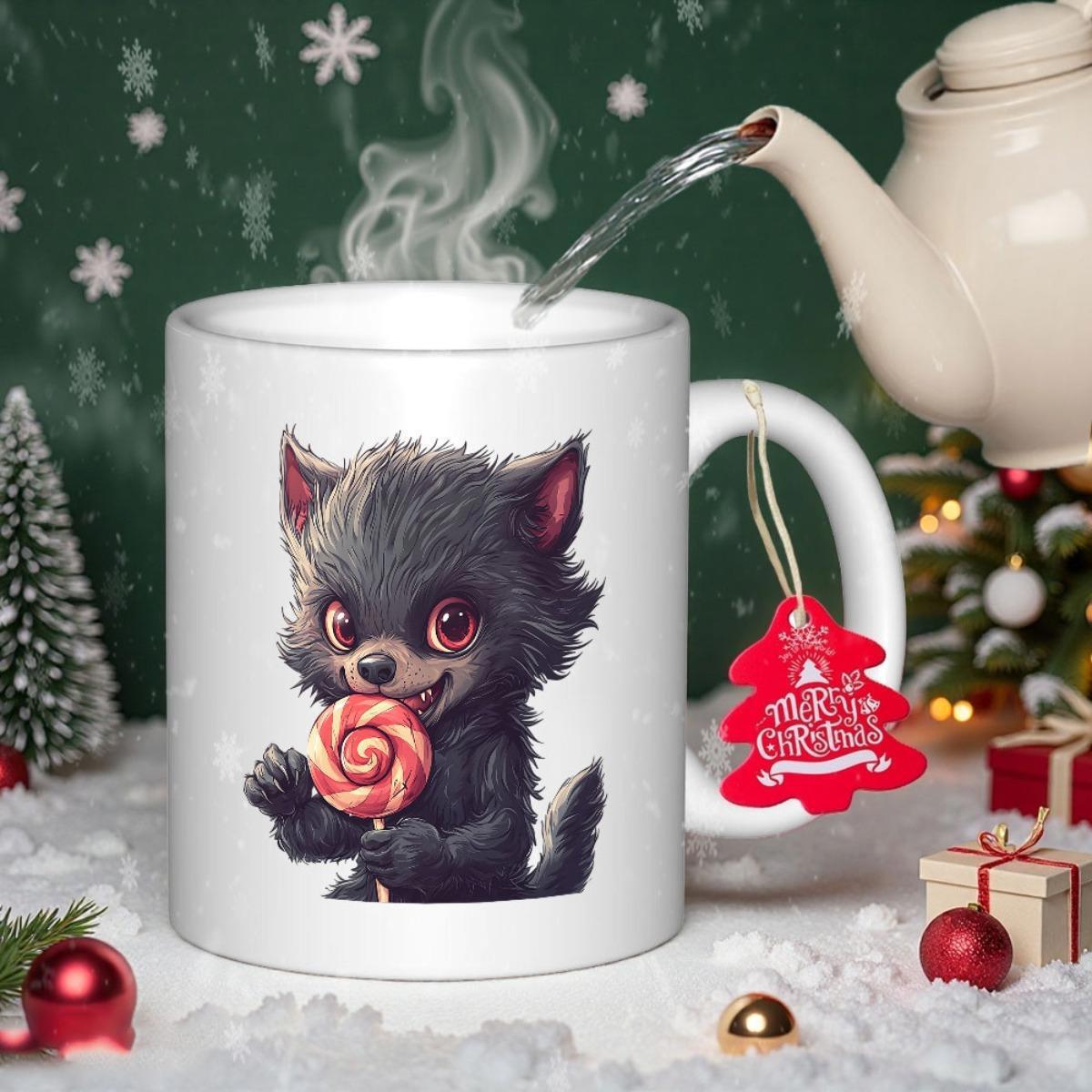 Tailorly White Ceramic 11 oz Mug - Cute Dark Furry Creature Holding A Sweet Colorful Swirl Candy Werewolf