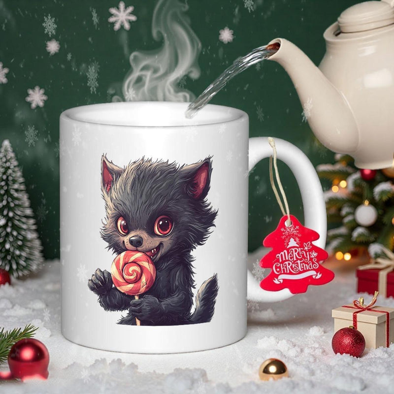 Tailorly White Ceramic 11 oz Mug - Cute Dark Furry Creature Holding A Sweet Colorful Swirl Candy Werewolf