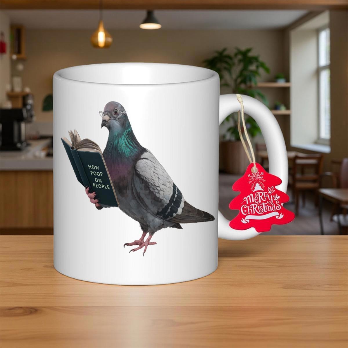 Tailorly White Ceramic 11 oz Mug - Merry Christmas Studious Gray Bird Reading Book Wearing Vintage Eye Glasses Pigeon