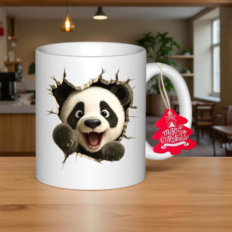 Tailorly White Ceramic 11 oz Mug - Cute 3D Cartoon Animal Breaking Through White Surface With Joyful Expression Panda