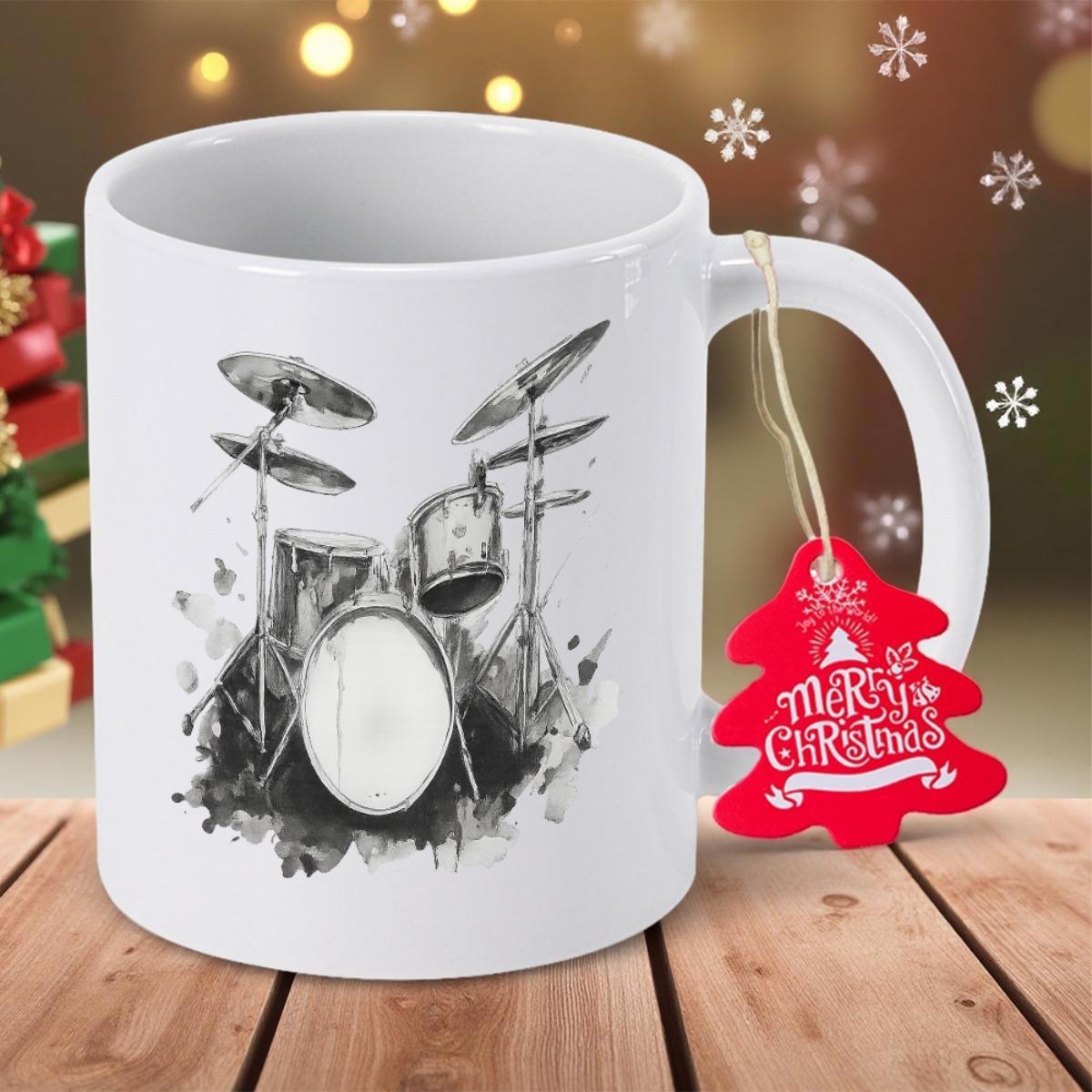 Tailorly White Ceramic 11 oz Mug - Merry Christmas Detailed Black And White Artistic Sketch Of A Professional Musical Drum Set