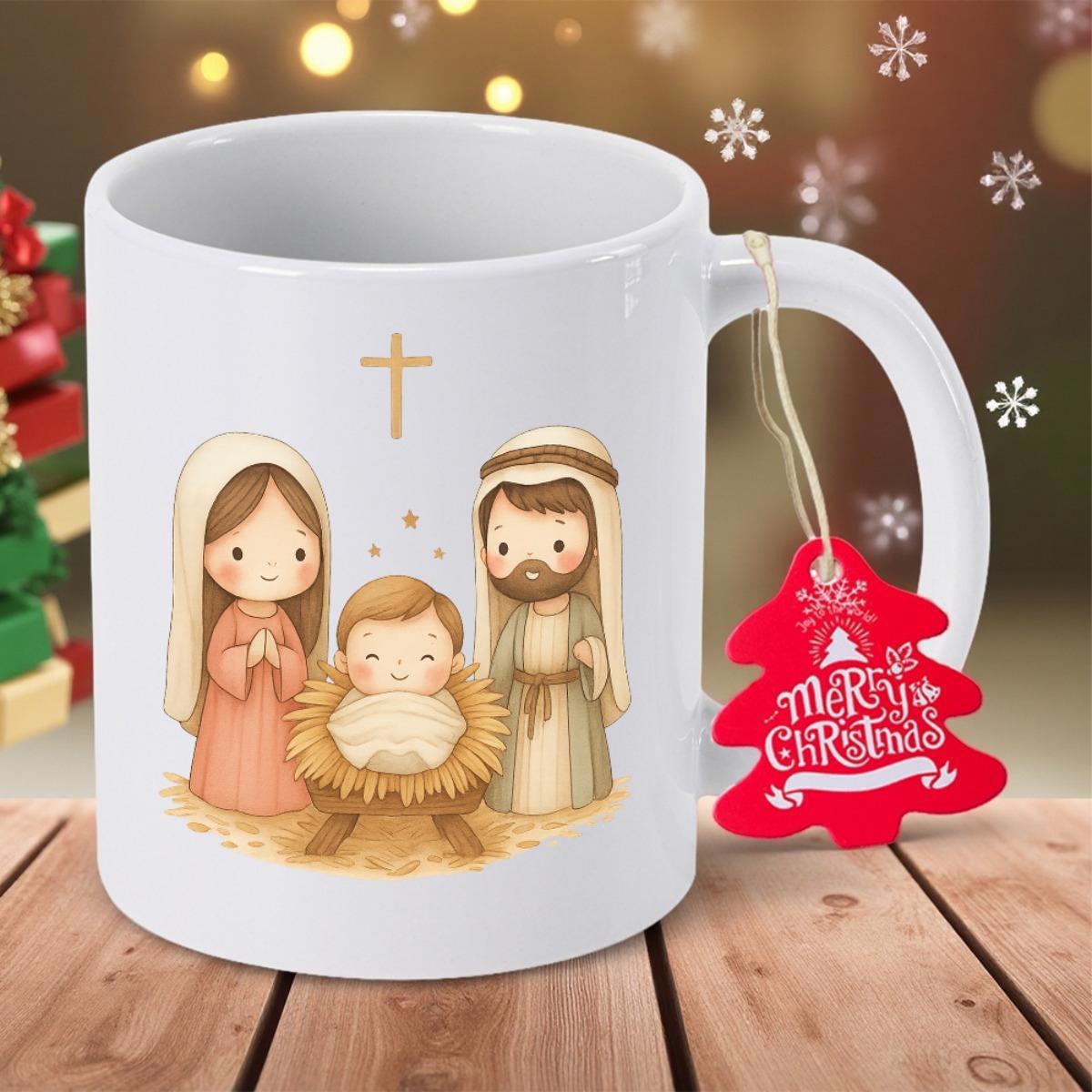Tailorly White Ceramic 11 oz Mug - Merry Christmas Holy Family Under Golden Cross With Baby Jesus In Manger Nativity