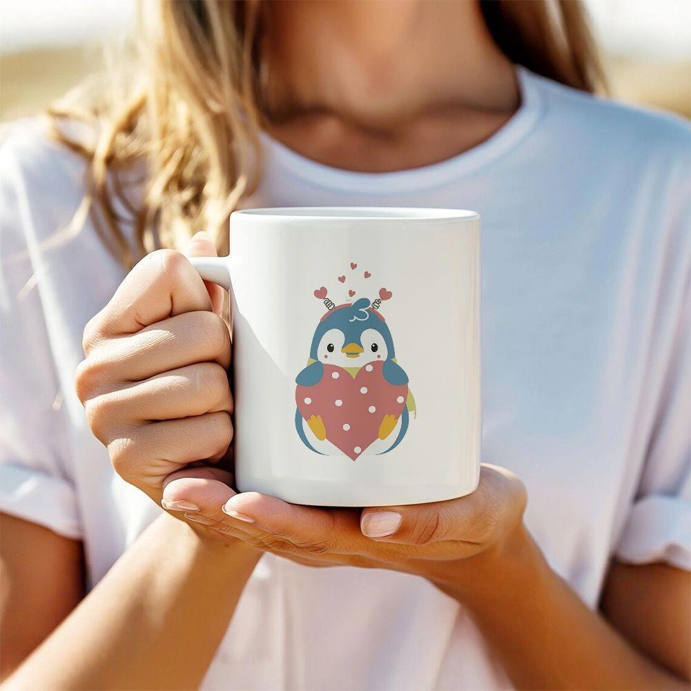 Tailorly White Ceramic 11 oz Mug - Adorable Blue Bird Holding A Pink Heart With Floating Symbols Penguin
