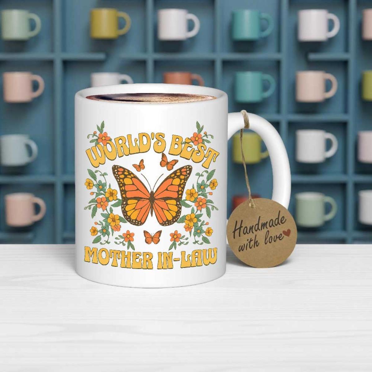 Tailorly White Ceramic 11 oz Mug - Worlds Best Brother In Law Vibrant Monarch Butterfly Surrounded By Vintage Orange Floral Blooms And Leaves Butterfly