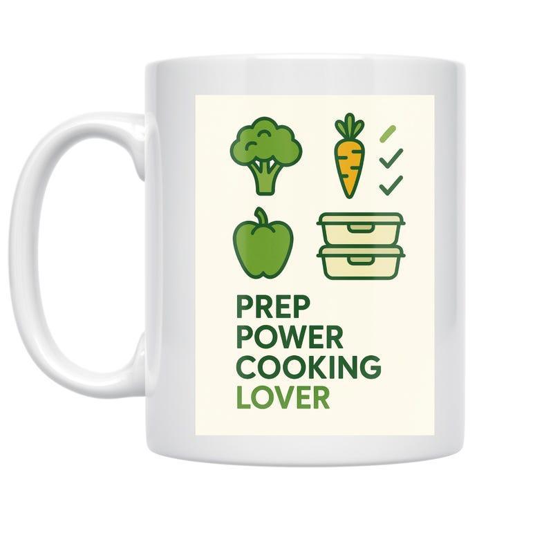 Tailorly White Ceramic 11 oz Mug - Prep Power Cooking Lover Healthy Organic Green Vegetables Among Stacked Kitchen Meal Prep Containers Mug