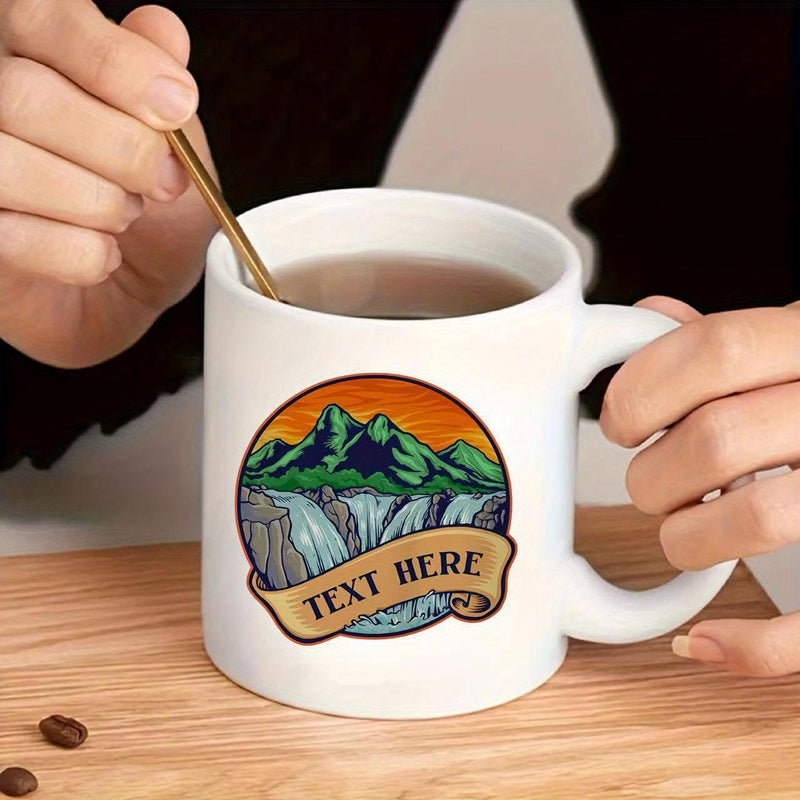 Tailorly White Ceramic 11 oz Mug - Text Here Lush Green Peaks With Majestic Waterfall Under A Warm Sunset Sky Mountain