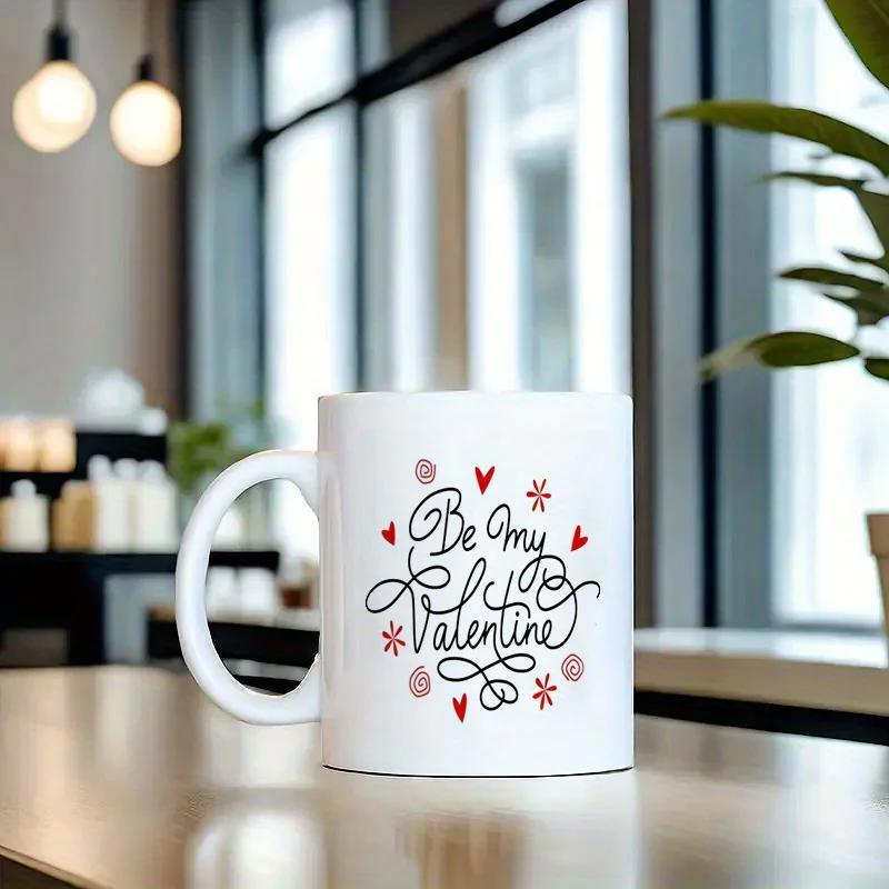 Tailorly White Ceramic 11 oz Mug - Be My Valentine Elegant Cursive Lettering With Tiny Red Hearts And Pink Blossoms Mug