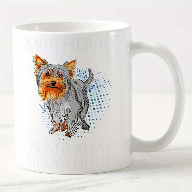 Tailorly White Ceramic 11 oz Mug - Mother Of Australian Silky Terrier Small Long Haired Dog Standing Against Blue Halftone Background Terrier