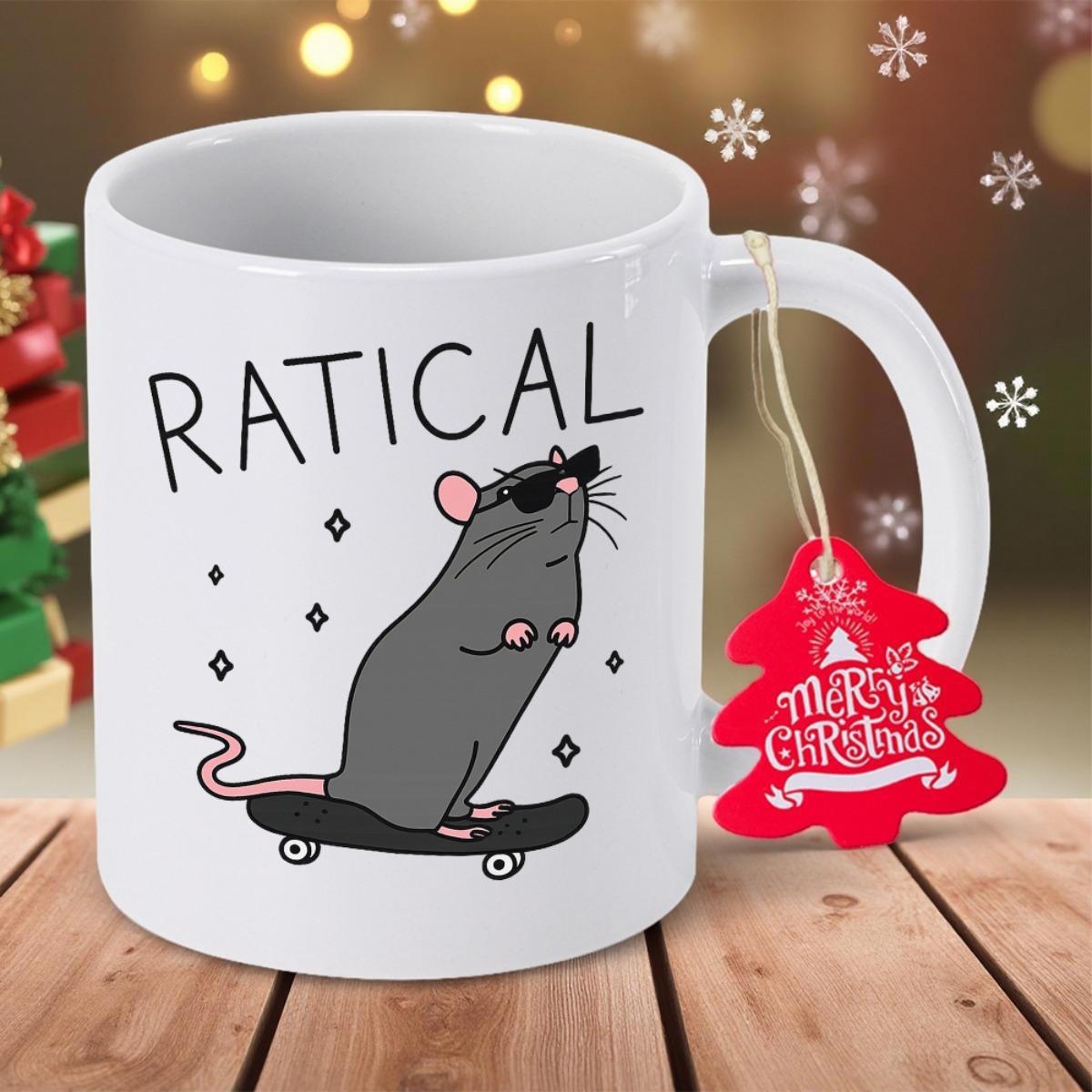 Tailorly White Ceramic 11 oz Mug - Ratical Cool Cartoon Gray Rat Wearing Sunglasses Riding A Black Skateboard Rat