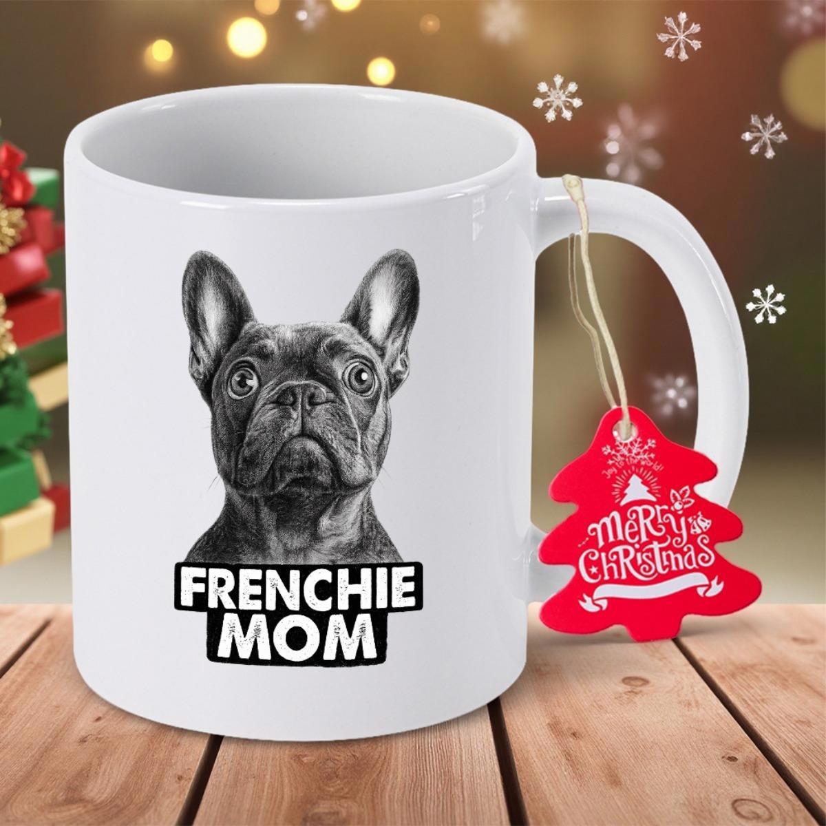 Tailorly White Ceramic 11 oz Mug - Frenchie Mom Detailed Black And White Realistic Sketch Portrait Of Frenchie