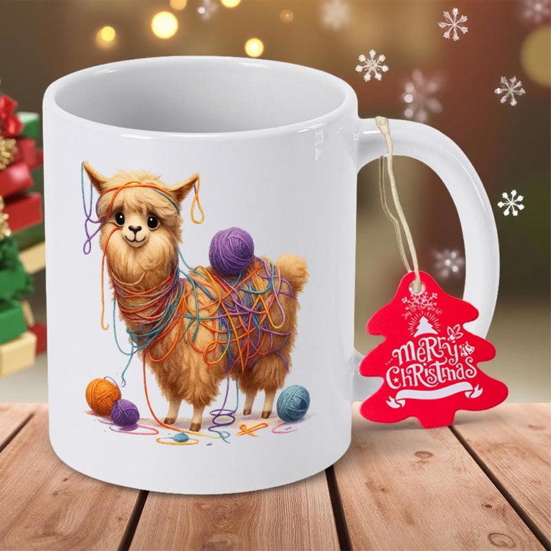 Tailorly White Ceramic 11 oz Mug - Merry Christmas Cute Brown Fluffy Llama Tangled In Colorful Soft Wool Yarn Llama