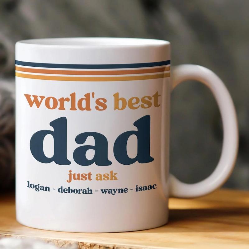 Tailorly White Ceramic 11 oz Mug - World's Best Dad Just Ask Retro Style Horizontal Stripes With Personalized Name List Mug