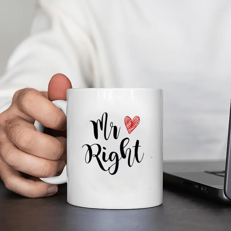 Tailorly White Ceramic 11 oz Mug - Mr Right Minimalist Red Scribbled Heart Floating Near Romantic Script Typography Heart