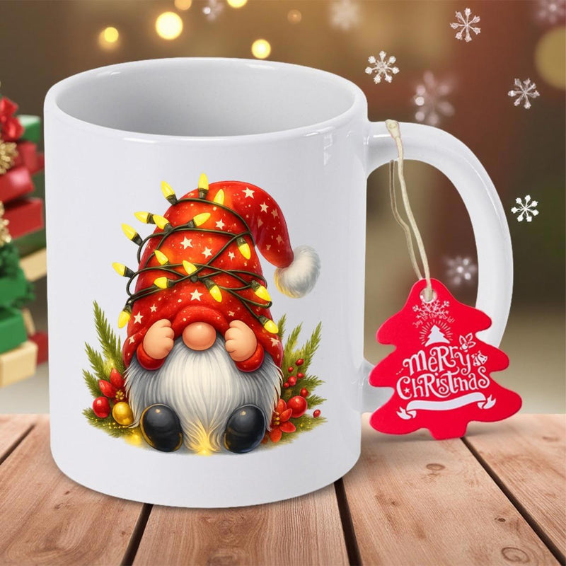 Tailorly White Ceramic 11 oz Mug - Merry Christmas Charming Festive Gnome Wearing Red Hat Wrapped In Glowing String Lights Gnome