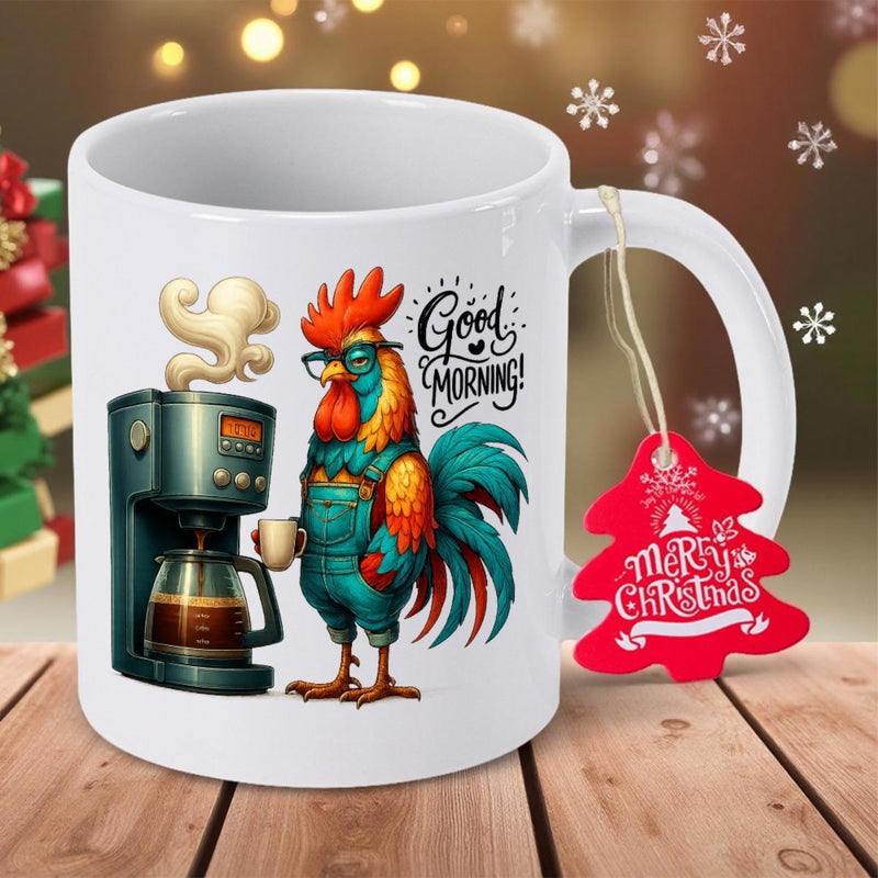 Tailorly White Ceramic 11 oz Mug - Good Morning Colorful Rooster Wearing Glasses Standing Beside A Steaming Coffee Machine Rooster