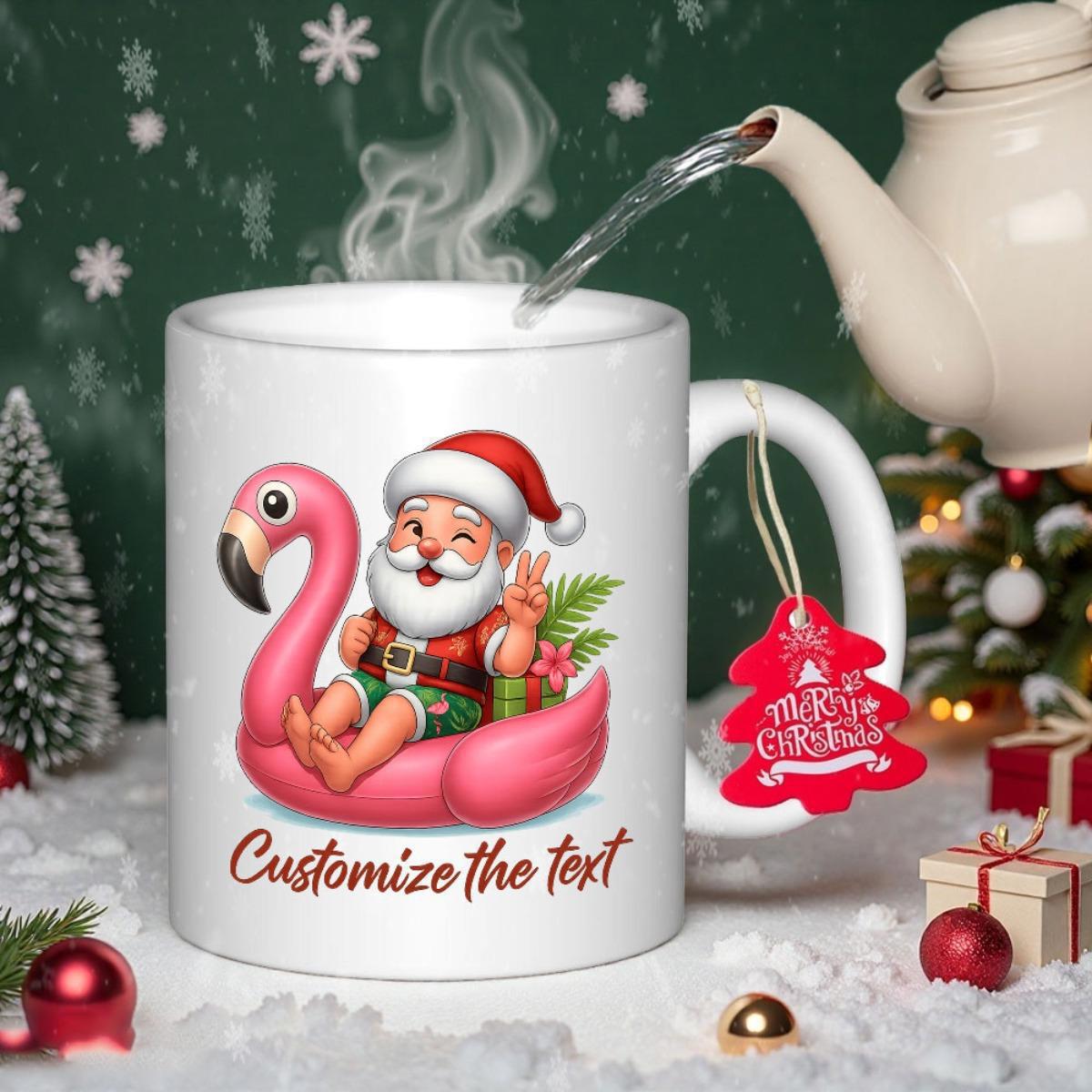 Tailorly White Ceramic 11 oz Mug - Customize The Text Merry Christmas Cheerful Cartoon Santa Sitting On A Pink Inflatable Flamingo Float Santa Claus