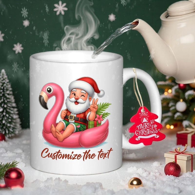 Tailorly White Ceramic 11 oz Mug - Customize The Text Merry Christmas Cheerful Cartoon Santa Sitting On A Pink Inflatable Flamingo Float Santa Claus