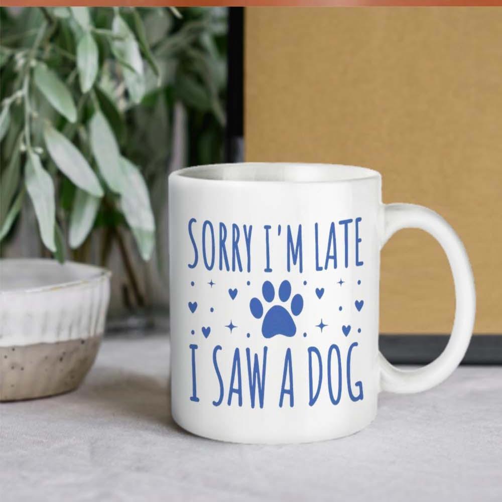 Tailorly White Ceramic 11 oz Mug - Sorry I'm Late I Saw A Dog Blue Paw Print Surrounded By Tiny Hearts And Decorative Polka Dots Paw