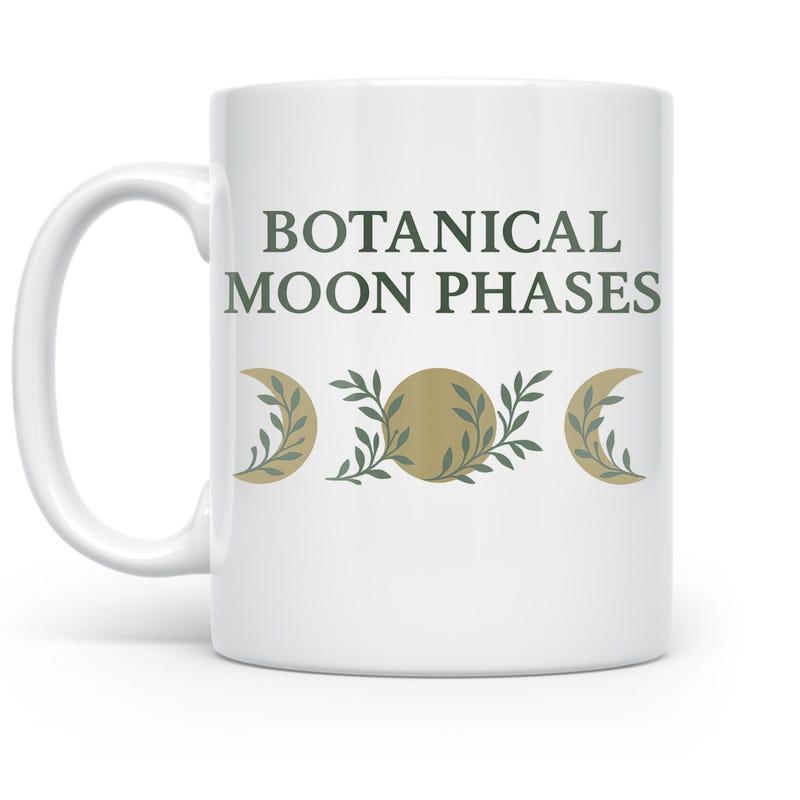 Tailorly White Ceramic 11 oz Mug - Botanical Moon Phases Elegant Crescent And Full Moon With Delicate Green Foliage Moon