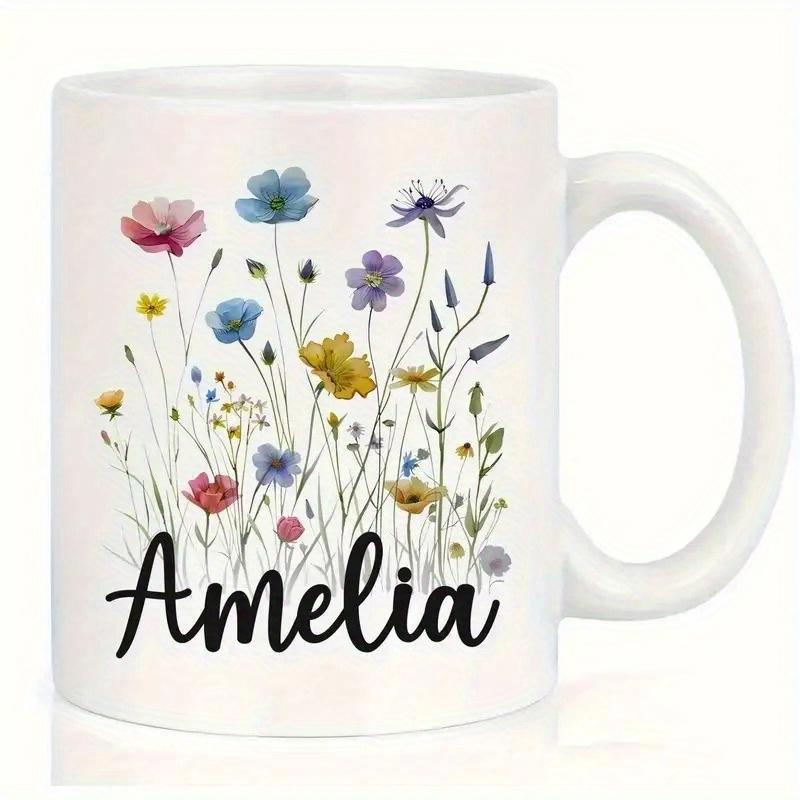 Tailorly White Ceramic 11 oz Mug - Amelia Delicate Colorful Hand Painted Watercolor Blossoms Within A Summer Meadow Flower