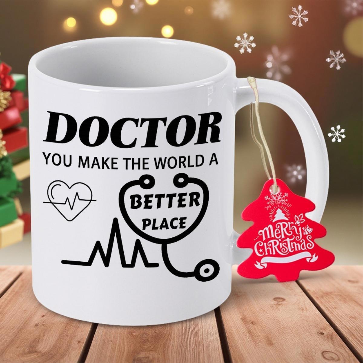 Tailorly White Ceramic 11 oz Mug - Doctor You Make The World A Better Place Heartbeat Line Along With A Stethoscope Forming A Heart Shape Mug
