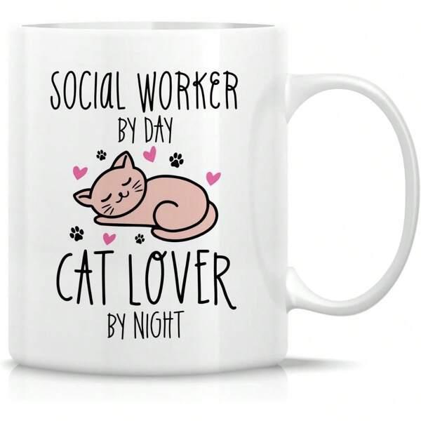 Tailorly White Ceramic 11 oz Mug - Social Worker By Day Cat Lover By Night Sleeping Pink Feline With Tiny Hearts And Small Paw Prints Cat