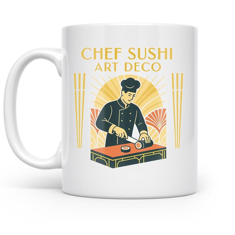 Tailorly White Ceramic 11 oz Mug - Chef Sushi Art Deco Traditional Japanese Master Preparing Fresh Sushi Rolls On Wooden Table Chef