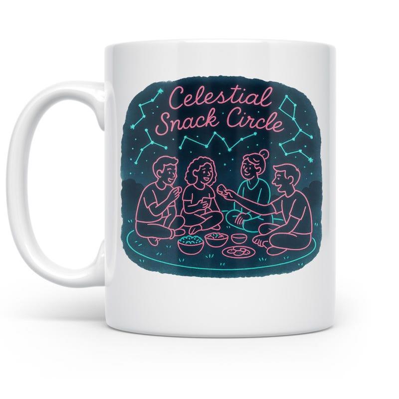 Tailorly White Ceramic 11 oz Mug - Celestial Snack Circle Gathering Under A Starry Constellation Sky Enjoying Late Night Snacks Friends