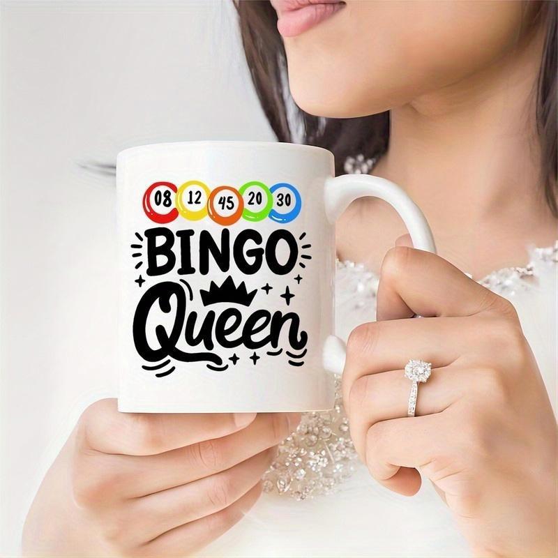 Tailorly White Ceramic 11 oz Mug - Bingo Queen Colorful Bingo Balls With A Small Black Decorative Royal Crown