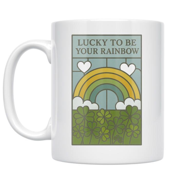 Tailorly White Ceramic 11 oz Mug - Lucky To Be Your Rainbow Vintage Style Illustration With Vibrant Clover Field Clouds And Hearts Rainbow