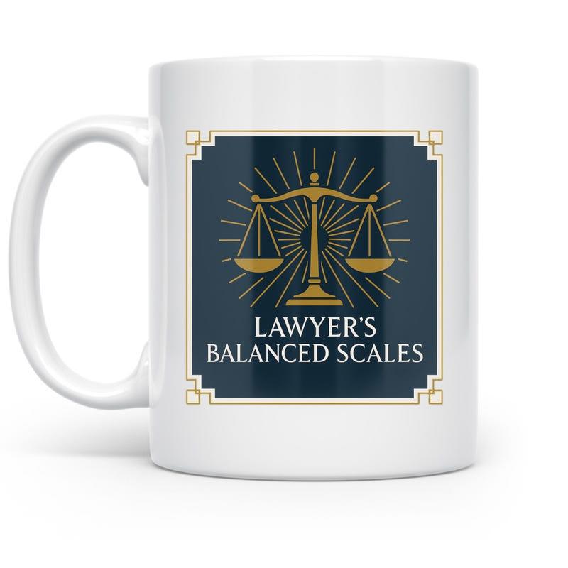 Tailorly White Ceramic 11 oz Mug - Lawyers Balanced Scales Golden Scales Of Justice Radiant Sunburst Lines Inside Formal Frame Scales