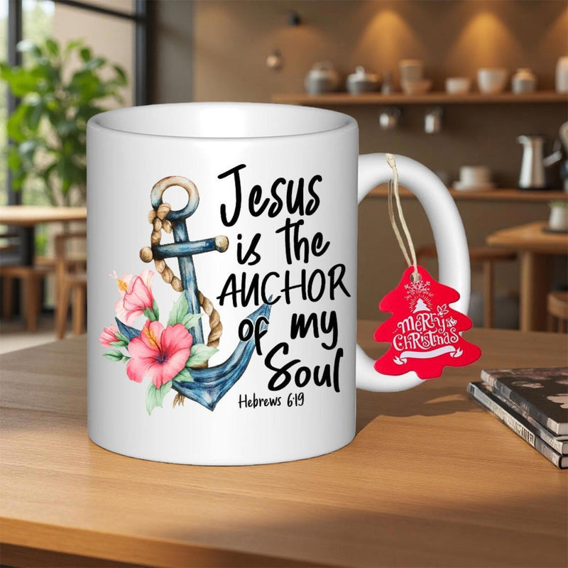 Tailorly White Ceramic 11 oz Mug - Jesus Is The Anchor Of My Soul Hebrews 6 19 Vintage Nautical Anchor Adorned With Pink Hibiscus Anchor