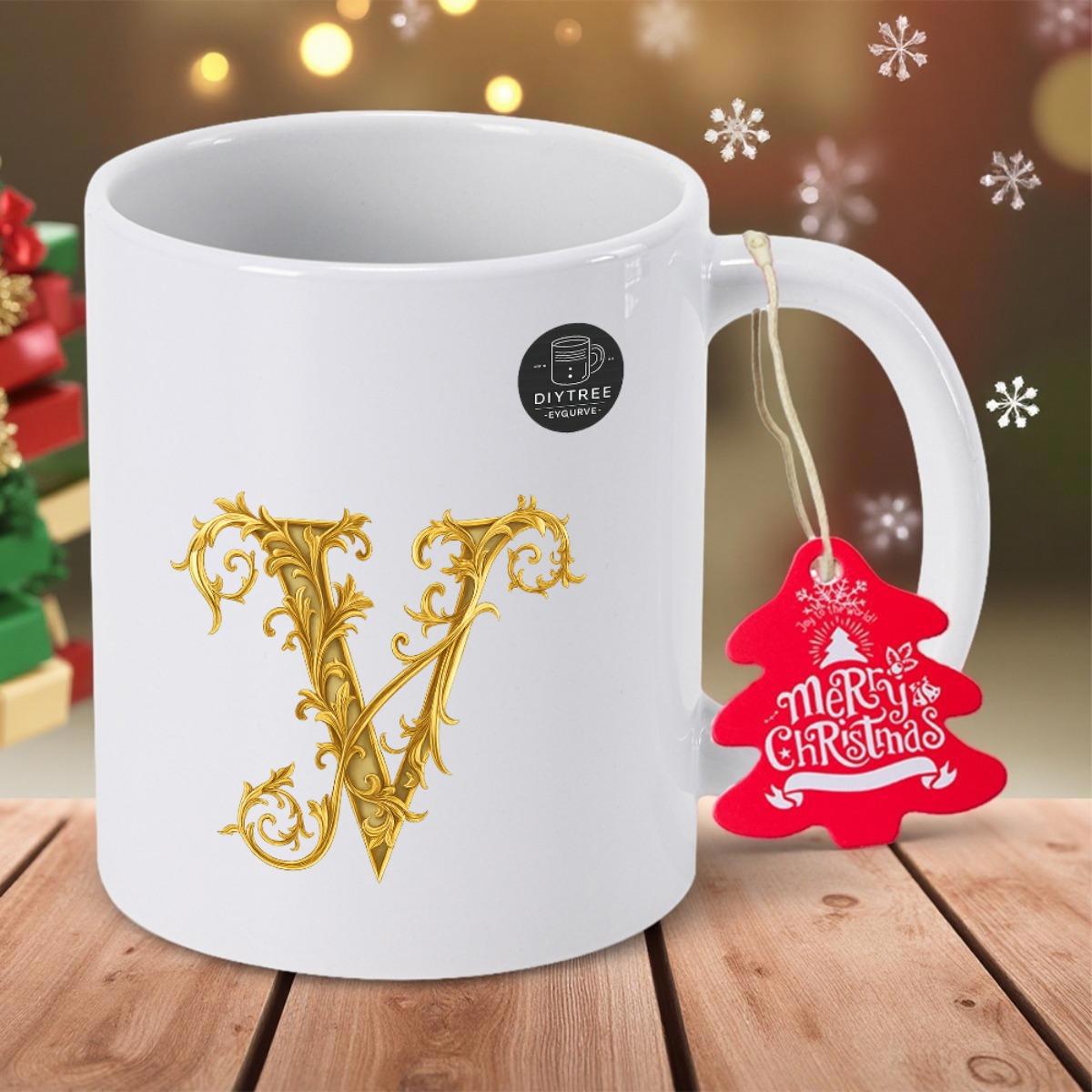 Tailorly White Ceramic 11 oz Mug - Merry Christmas Golden Ornate Filigree Design With Elegant Vintage Floral Artistic Swirls Letter