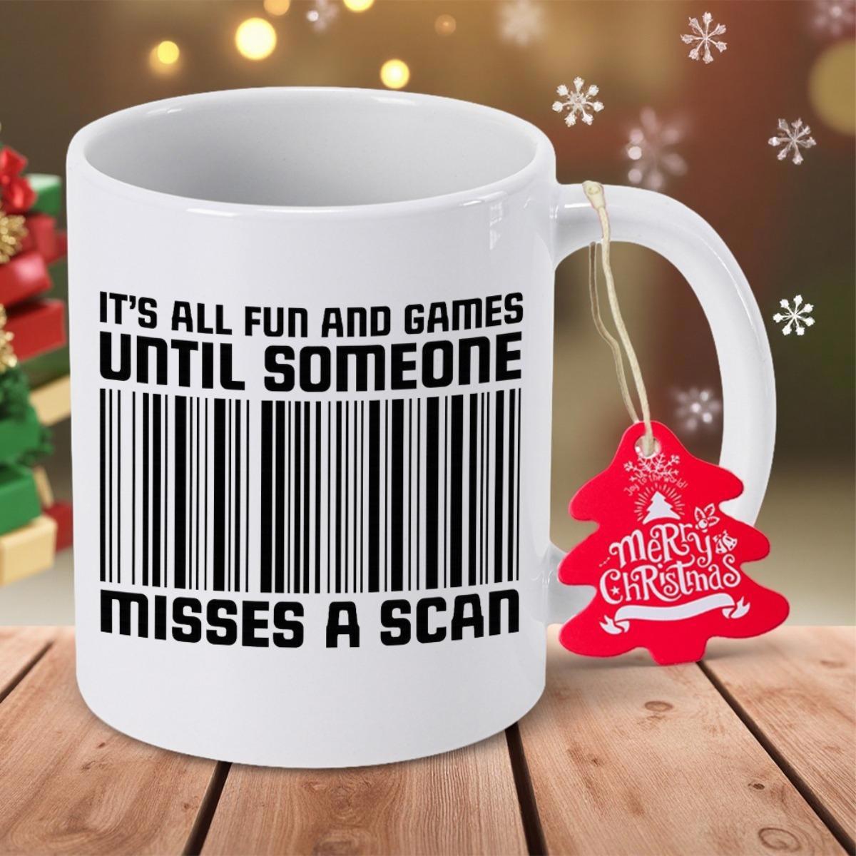 Tailorly White Ceramic 11 oz Mug - Its All Fun And Games Until Someone Misses A Scan Minimalist Black Vertical Stripes Structured Within A Sleek Geometric Frame