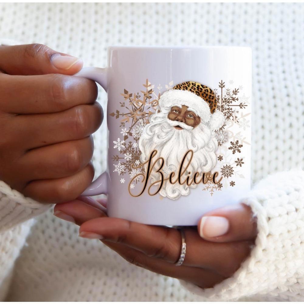 Tailorly White Ceramic 11 oz Mug - Believe Festive Holiday Character Wearing Leopard Pattern Hat Among Snowflakes Santa
